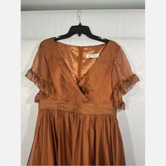 NWT Mac Duggal [ 12 ] Sheer Flutter Sleeve Tea Length Ruffle Dress‎ Rust Orange - Picture 4 of 15